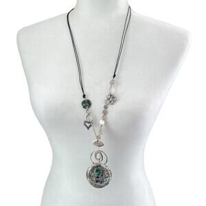 Bohm abalone shell silver tone long statement necklace